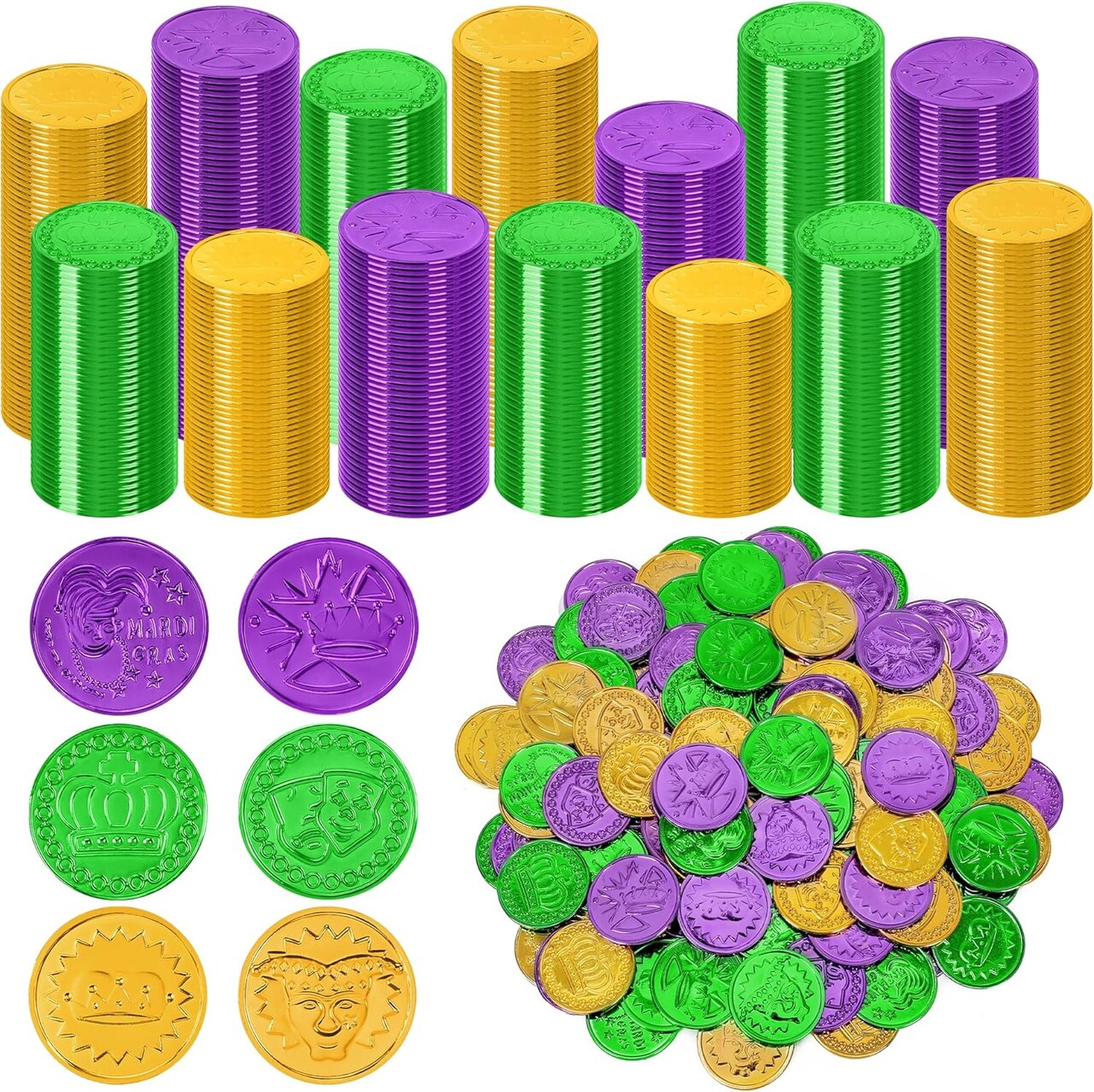 200 PCS Mardi Gras Decorations, 1.4 in Purple Gold Green Fake Coins, Crown Masks Pattern Mardi Gras Gold Coins Plastic Coins Leprechaun Gold Coins, Mardi Gras Table Decorations Costume Accessories